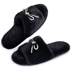 Elegant Black Rhinestone Fur Slippers NWT